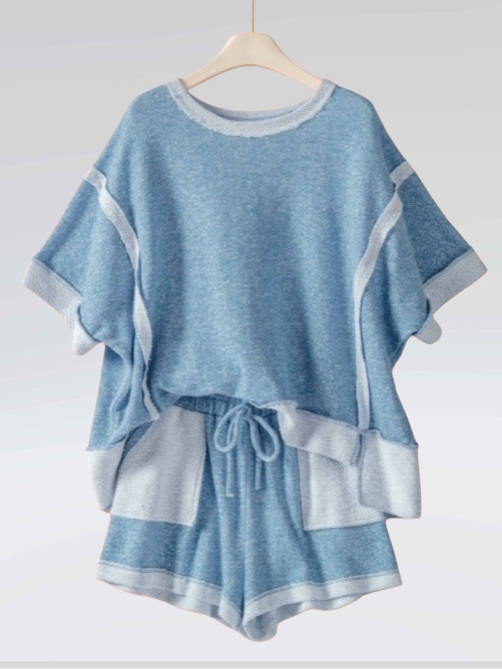 Blue Two-Piece Cozy Terry Lounge Set-
Matching Top and Shorts